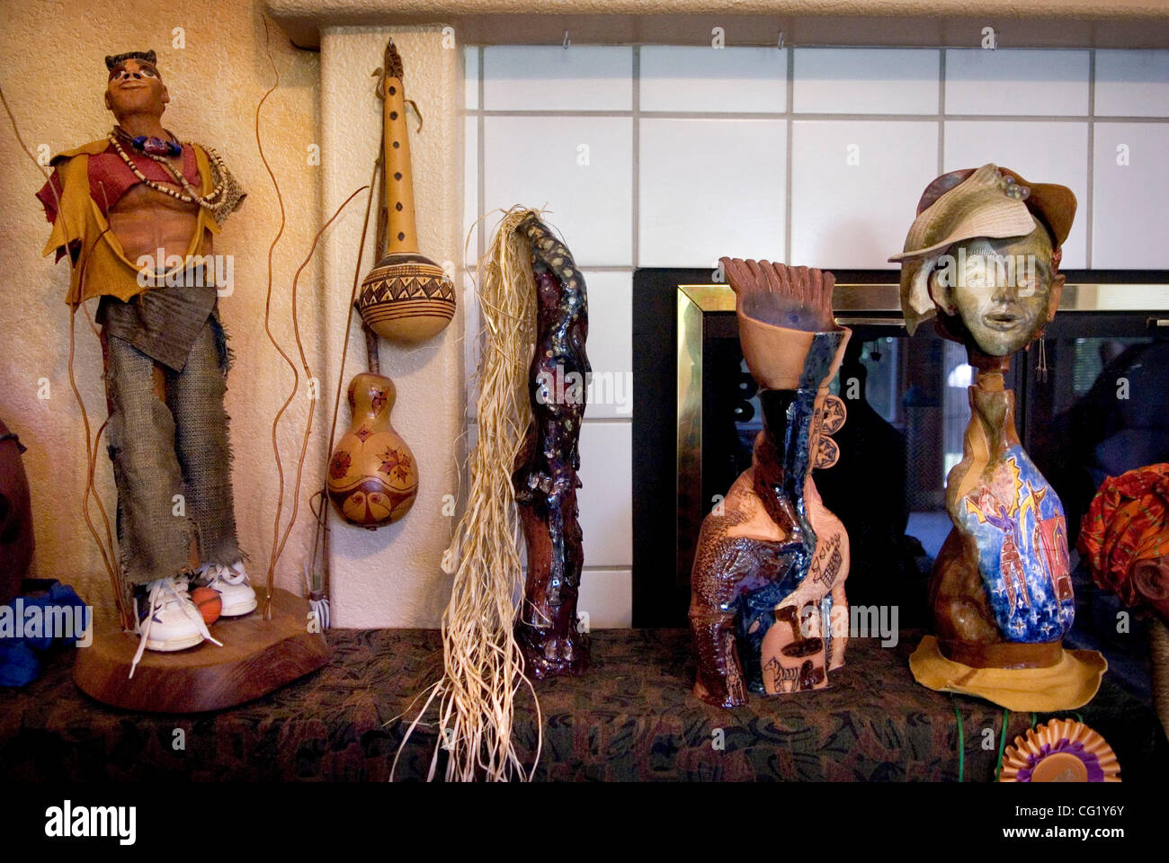 JUMP THIRD - A row of various African-inspired art pieces made by Kanika Marshall, photographed in her Elk Grove home July 10, 2007. Sacramento Bee/ Autumn Cruz Stock Photo