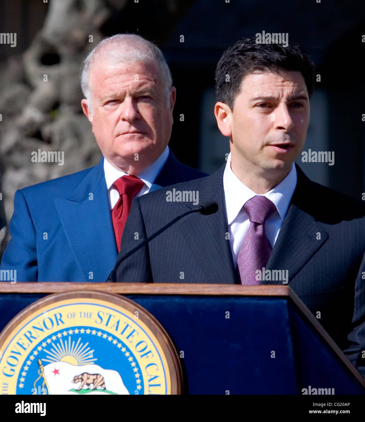 HOLD FOR FUTURE STORY-- -- DO NOT USE DAILY!!!!!!!!!  Senate Pro-Tem, Don Perata looks on as Speaker Fabian Nunez, speaks during the bill signing ceremony by Governor Arnold Schwarzenegger of  SB 113, authored by Senator Ron Calderon (D- Montebello) at the Leland Stanford Mansion, Thursday March 15, Stock Photo