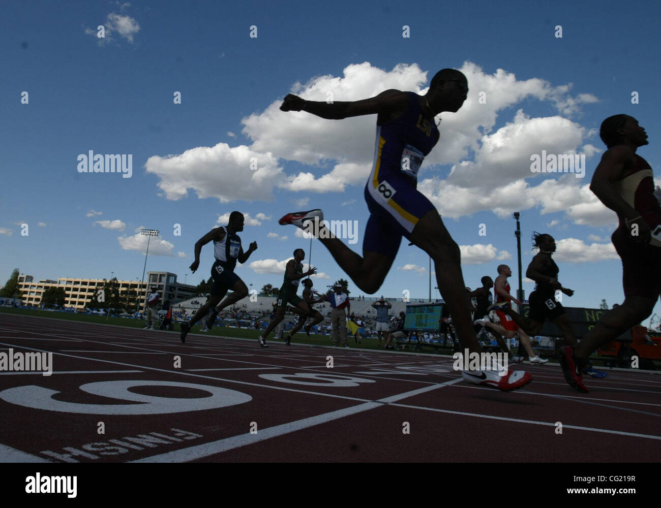 Richard Thompson of LSU crosses the finish line in the Men's 100 meter