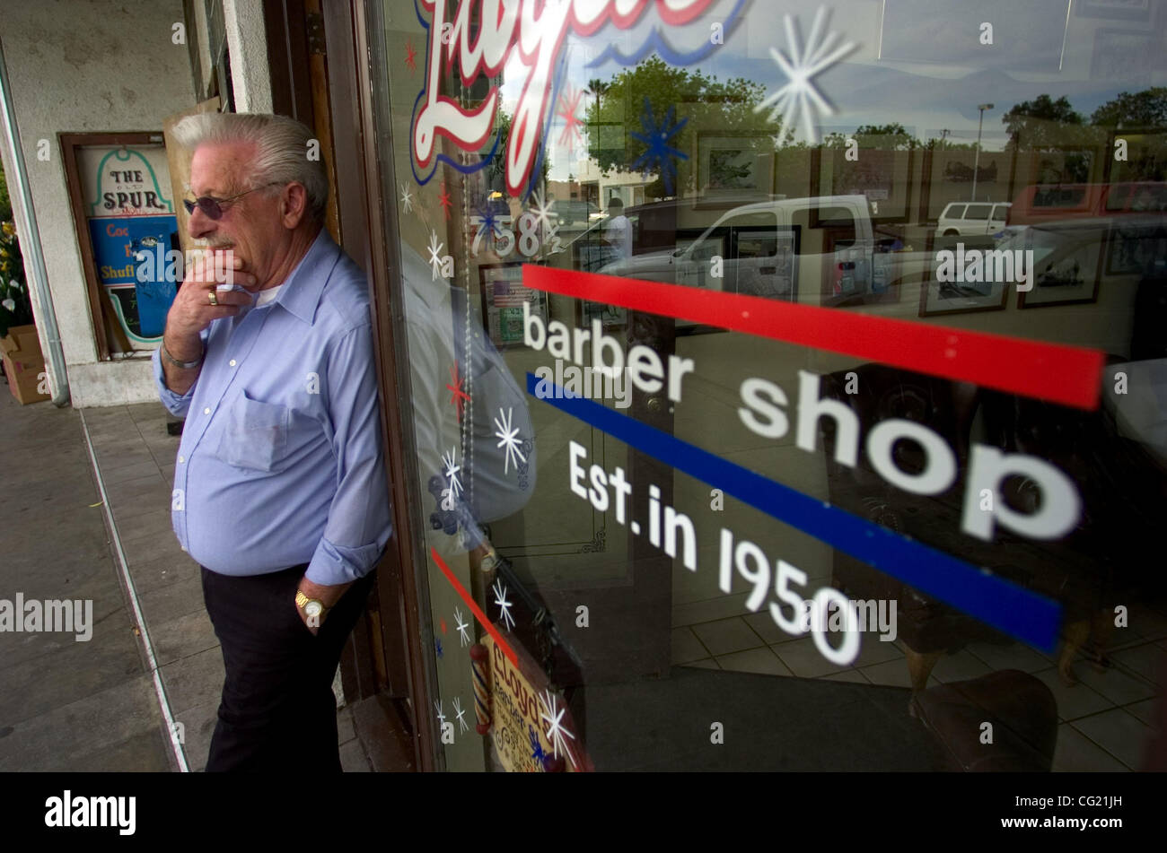 Lloyd Bullard bides his time outside his downtown Yuba City barber shop thursday, April 19, 2007. Bullard chose not to close his business in the wake of resident Jeffery Thomas Carney alledgedly threatening a killing spree that would dwarf the Virginia Tech massacre. Sacramento Bee /  Carl Costas Stock Photo
