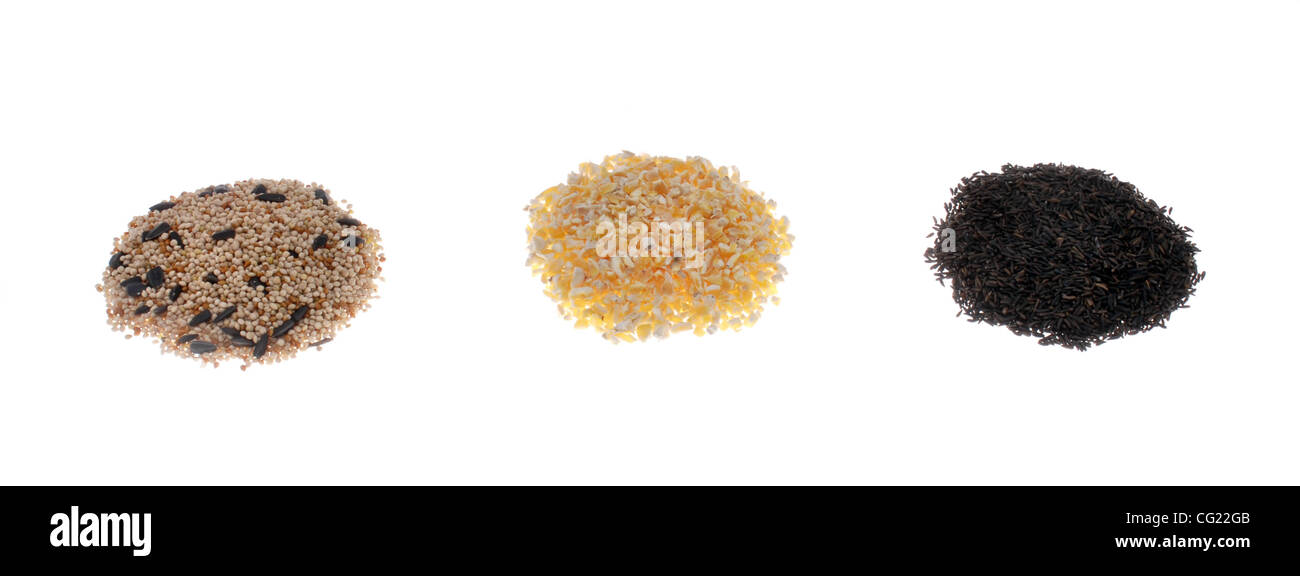 Bird seed varieties, from left, wild bird special, cracked corn