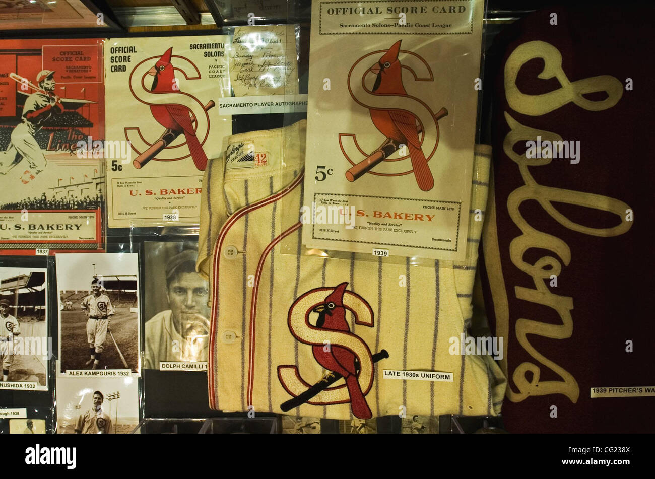 Detail of an exhibit case. Alan O'Connor , a Sacramento baseball historian, has compiled an