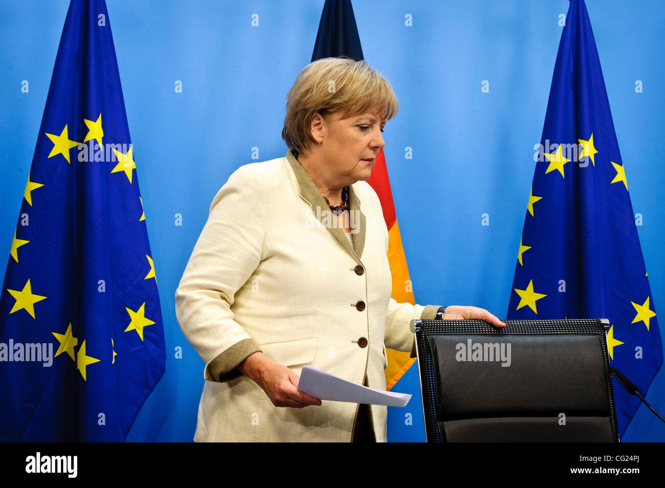 July 21, 2011 - Brussels, BXL, Belgium - Germany's Chancellor Angela Merkel   during a news conference at the European Council building at the end of an euro zone leaders crisis summit   in  Brussels, Belgium on 2011-07-21     by Wiktor Dabkowski (Credit Image: © Wiktor Dabkowski/ZUMAPRESS.com) Stock Photo