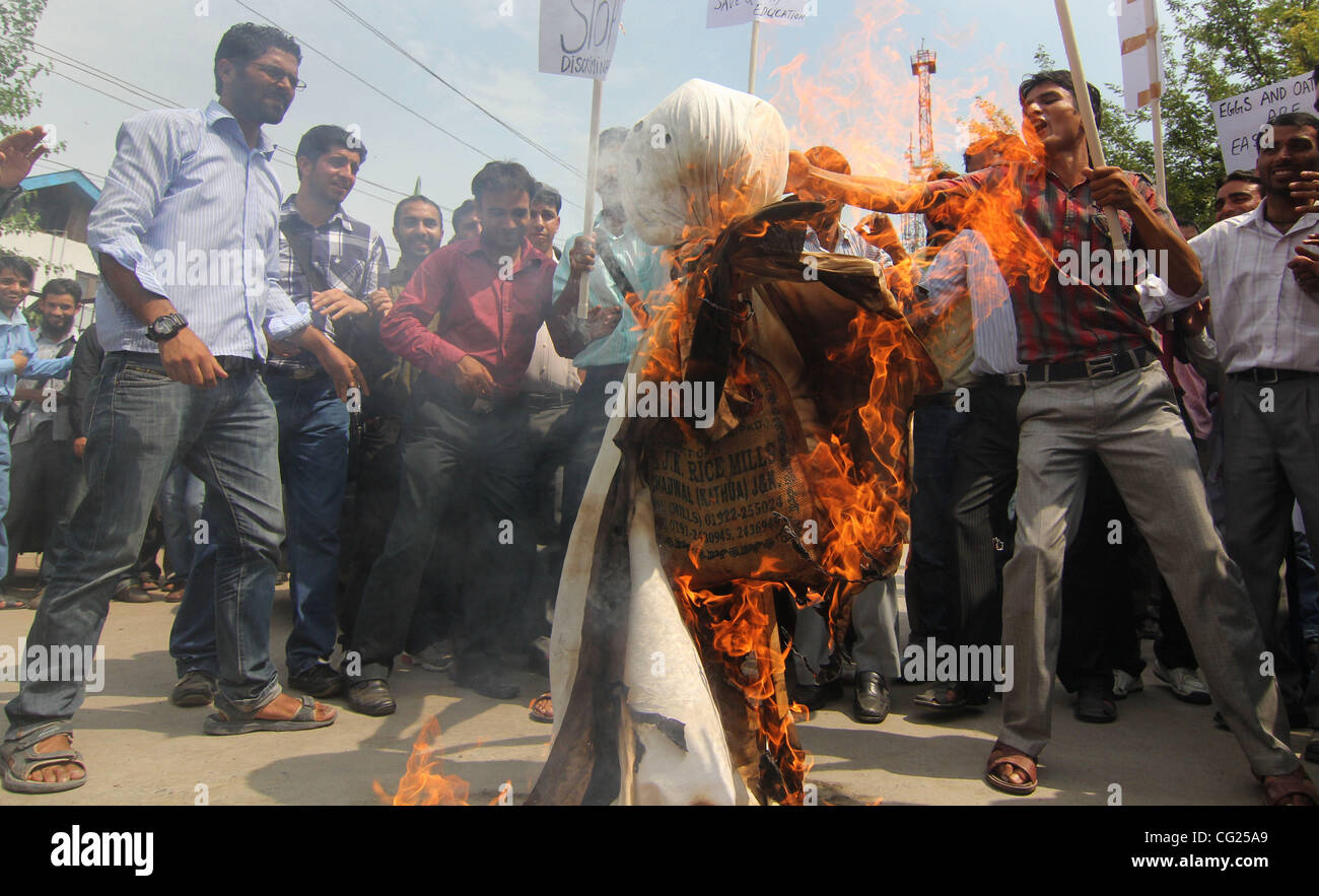 An kashmiri contractual lecturers burn an effigy  during a protest rally in Srinagar, the summer capital of Indian Kashmir, 25 July 2011. Dozens of contractual lecturers staged a protest demanding their regularization. photo/Altaf Zargar/Zuma press Stock Photo