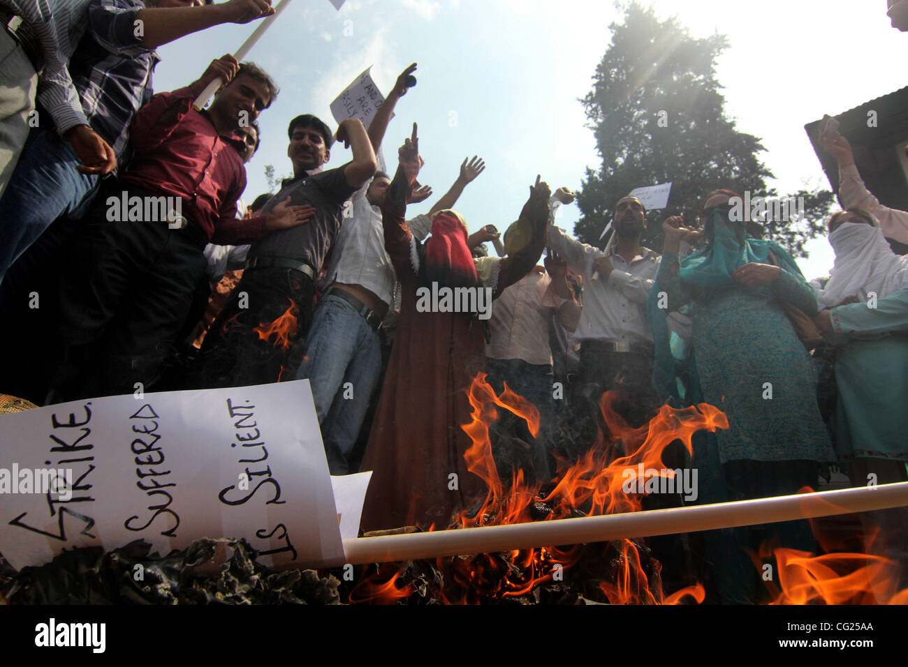 An kashmiri contractual lecturers burn an effigy  during a protest rally in Srinagar, the summer capital of Indian Kashmir, 25 July 2011. Dozens of contractual lecturers staged a protest demanding their regularization. photo/Altaf Zargar/Zuma press Stock Photo