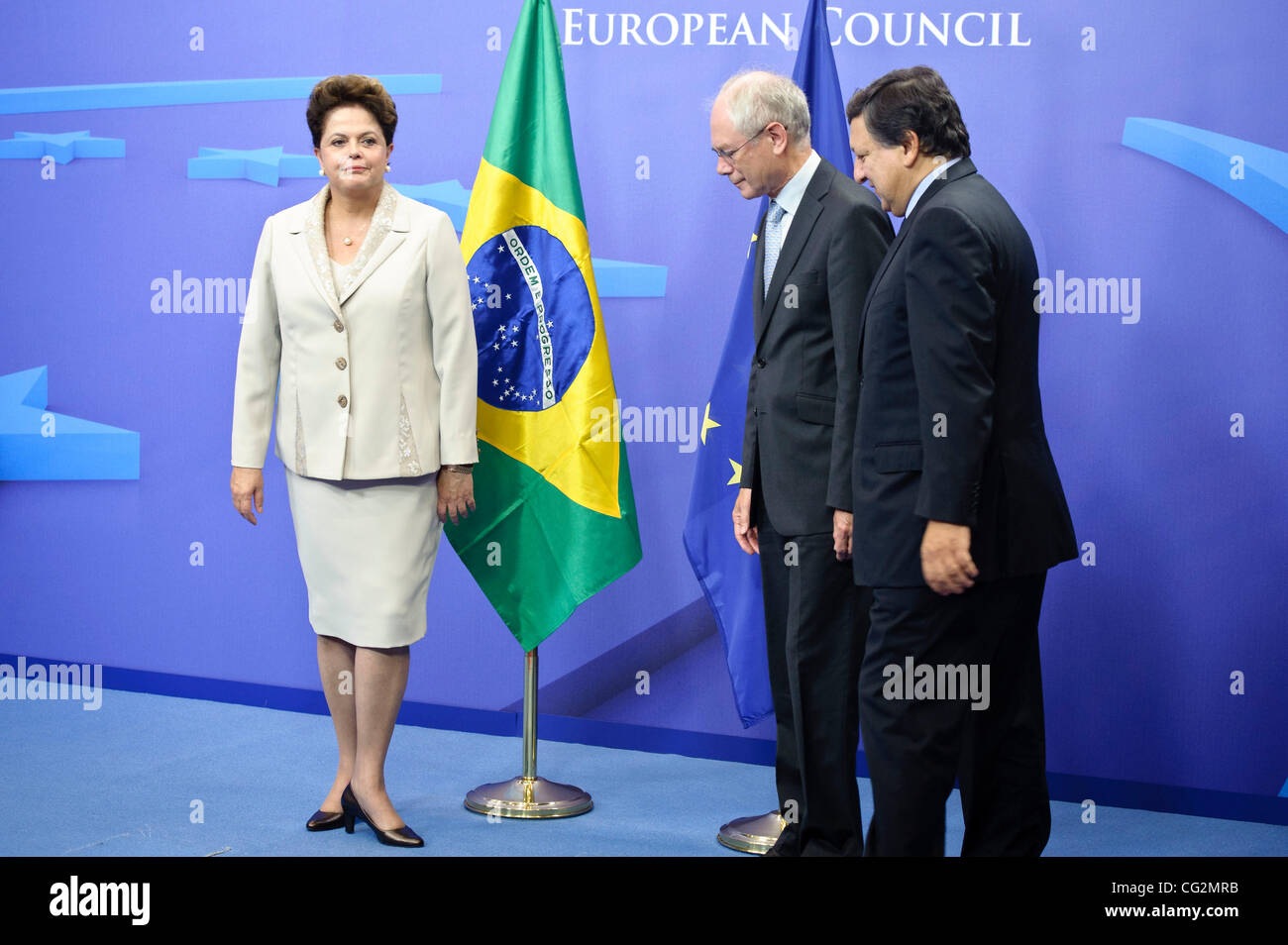 Oct. 4, 2011 - Brussels, BXL, Belgium -  Brazil's President Dilma Rousseff (L) is welcomed by European Council President Herman Van Rompuy (C) and European Commission President Jose Manuel Barroso (R) prior to a EU-Brazil summit  in  Brussels, Belgium on 2011-10-04   by Wiktor Dabkowski (Credit Imag Stock Photo