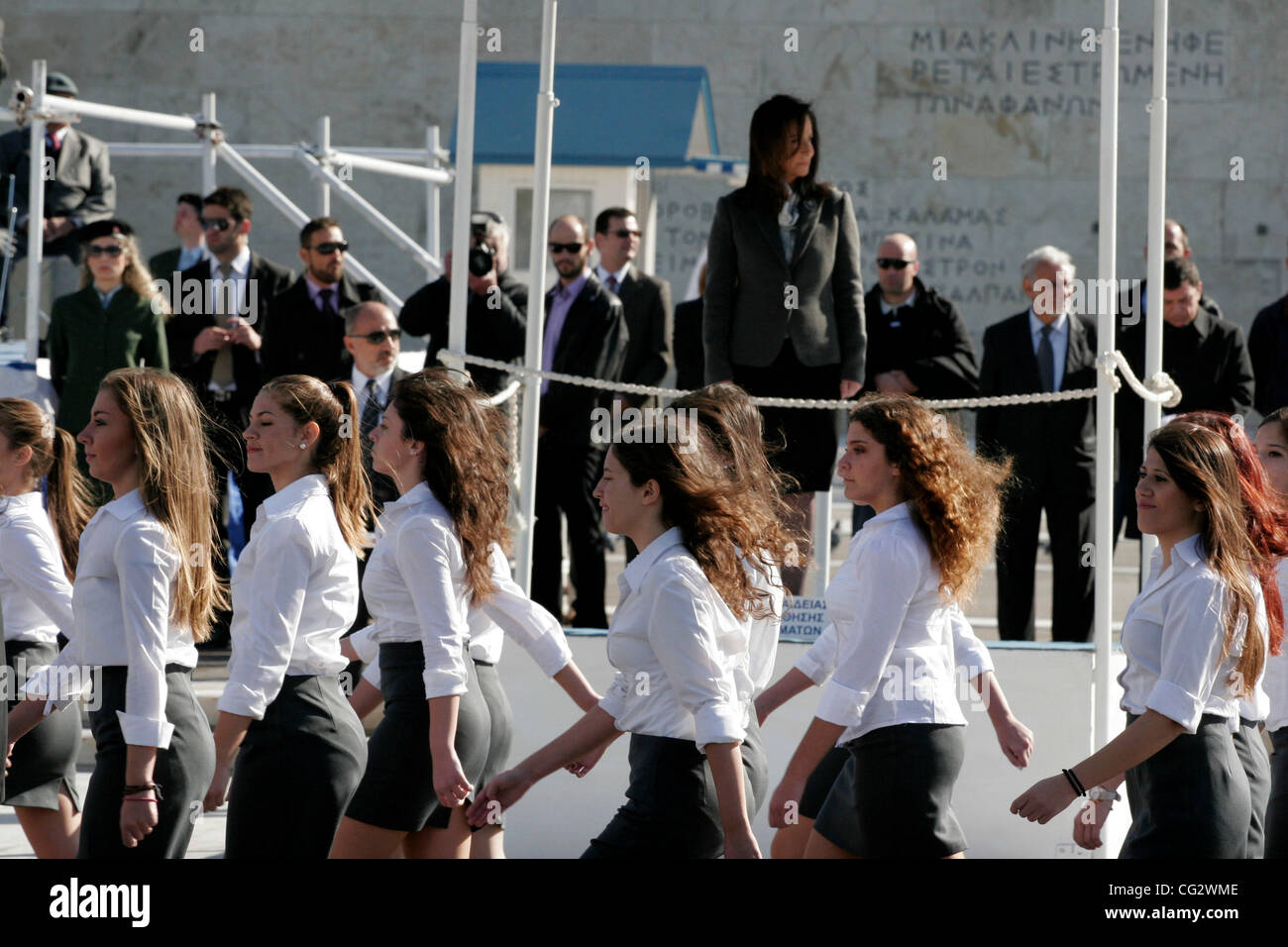 Oct. 28, 2011 - Athens, Greece - Students turn their heads the other side while parading in front of Education Minister Anna Diamantopoulou during a parade for the 71st anniversary of Greece's entry into World War II. (Credit Image: © Aristidis Vafeiadakis/ZUMAPRESS.com) Stock Photo
