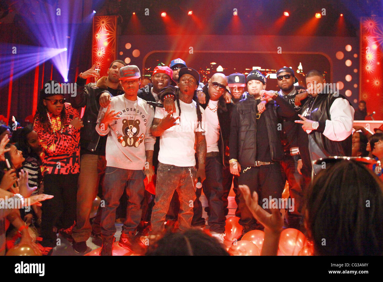 Cory Gunz, Lil Twist, Gudda Gudda, Nicki Minaj, Jae Millz, Lil Chuckee, Bird Man, Bow Wow, Tyga, Mack Maine  BET's '106 and Park' New Years Eve show New York City, USA - 31.12.10 Stock Photo