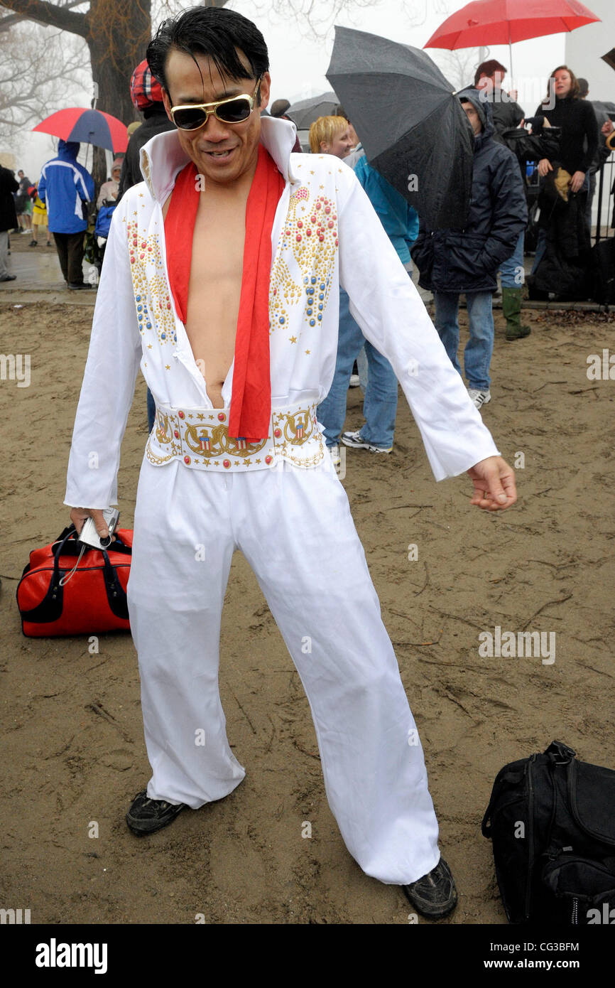 Participant dressed in Elvis Presley costume The 6th Annual Toronto Polar  Bear Dip 2011 - participants braved the cold waters of Lake Ontario and  raised money supporting the Habitat For Humanity Toronto,