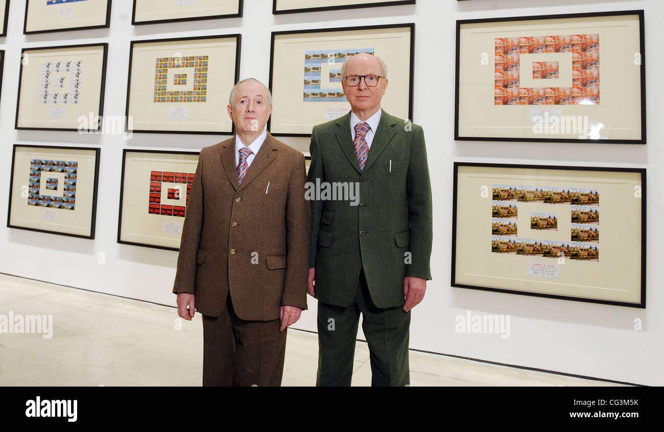 Gilbert Proesch and George Passmore  British artists and double act Gilbert and George at the press view of their new exhibition at White Cube London, England- 12.01.11 Stock Photo