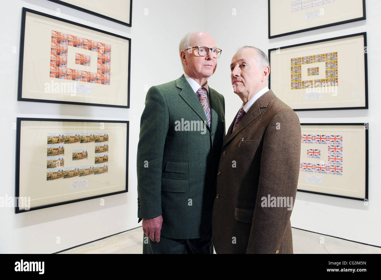 George Passmore and Gilbert Proesch  British artists and double act Gilbert and George at the press view of their new exhibition at White Cube London, England- 12.01.11 Stock Photo