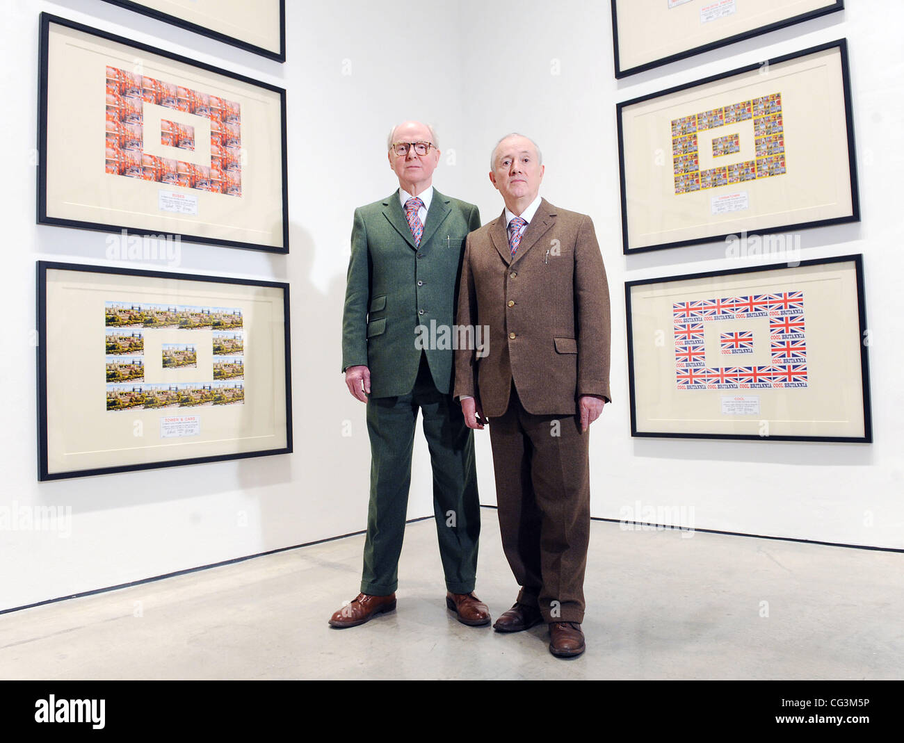 George Passmore and Gilbert Proesch  British artists and double act Gilbert and George at the press view of their new exhibition at White Cube London, England- 12.01.11 Stock Photo