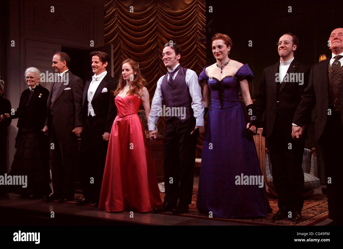 Patricia O'Connell, Michael Countryman, Rick Holmes, Jaime Ray Newman, Jeremy Shamos, Francesca Faridany, Joey Slotnick and Peter Maloney Opening night of the Atlantic Theater production of 'New York Idea' at the Lucille Lortel Theatre - Curtain Call.  Ne Stock Photo