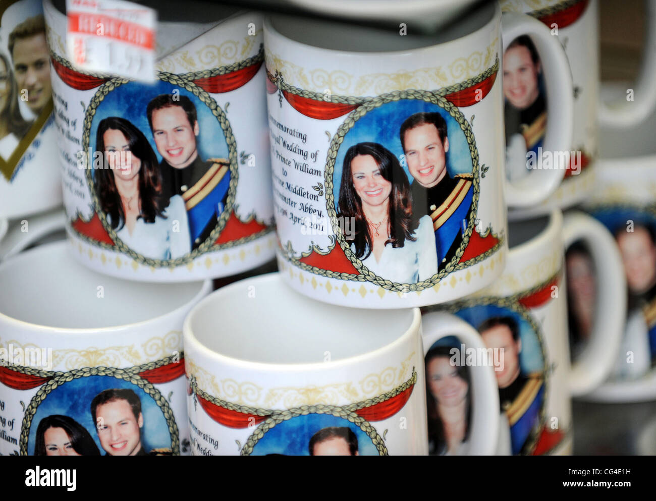 Prince William and Kate Middleton Royal Wedding souvenir coffee mugs for sale, in a shop in