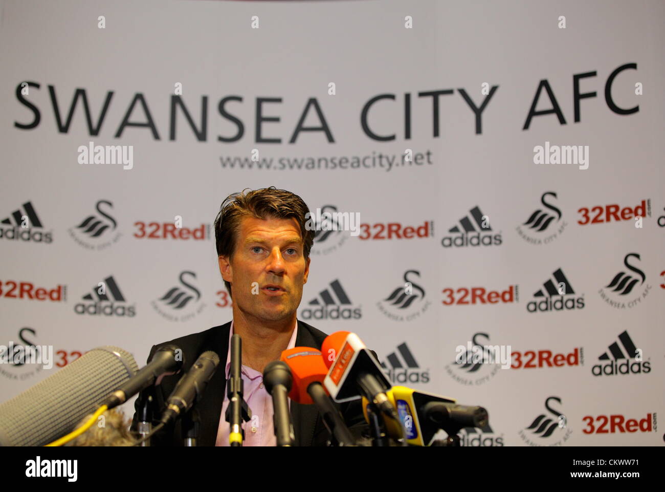 Pictured: Manager Michael Laudrup. Thursday 23 August 2012  Re: Barclay's Premier League side Swansea City FC press conference at the Liberty Stadium, south Wales, UK. Stock Photo