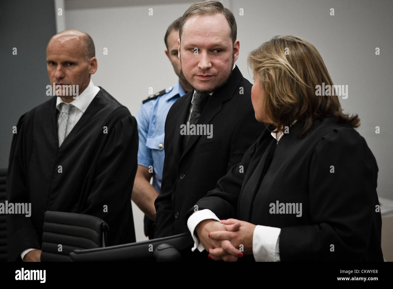 August 24, 2012 - Oslo, Norway: Norwegian terrorist and right wing extremist Anders Behring Breivik appears in court on the day of the verdict. Breivik is declared sane by the judges. Stock Photo