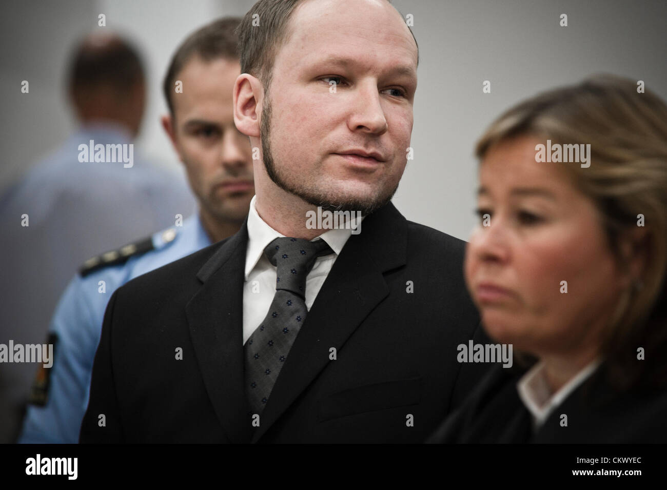 August 24, 2012 - Oslo, Norway: Norwegian terrorist and right wing extremist Anders Behring Breivik appears in court on the day of the verdict. Breivik is declared sane by the judges. Stock Photo