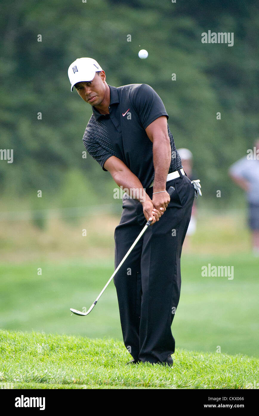 23rd Aug 2012. Bethpage, Famingdale, New York. Tiger Woods (USA) hits a