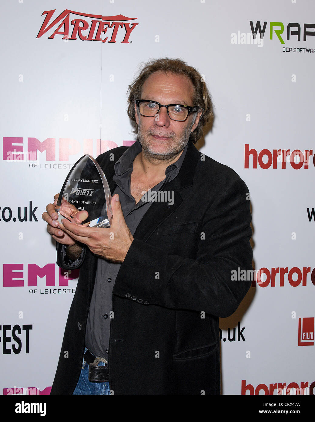 25 August 2012. Greg Nicotero  receives the inaugural Variety FrightFest Award at Frightfest the 13th at The Empire, Leicester Square, London. Persons pictured: Greg Nicotero. Gregory Nicotero (born March 15, 1963) is an American special effects creator, actor, and director. The award was presented by Simon Pegg following an Interview with Damon Wise.. Picture by Julie Edwards Stock Photo