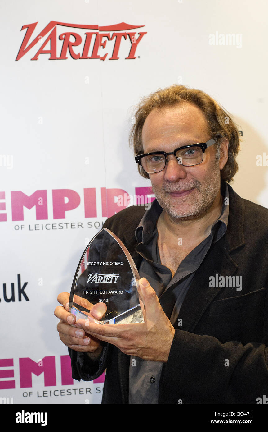 25 August 2012. Greg Nicotero  receives the inaugural Variety FrightFest Award at Frightfest the 13th at The Empire, Leicester Square, London. Persons pictured: Greg Nicotero. Gregory Nicotero (born March 15, 1963) is an American special effects creator, actor, and director. The award was presented by Simon Pegg following an Interview with Damon Wise.. Picture by Julie Edwards Stock Photo