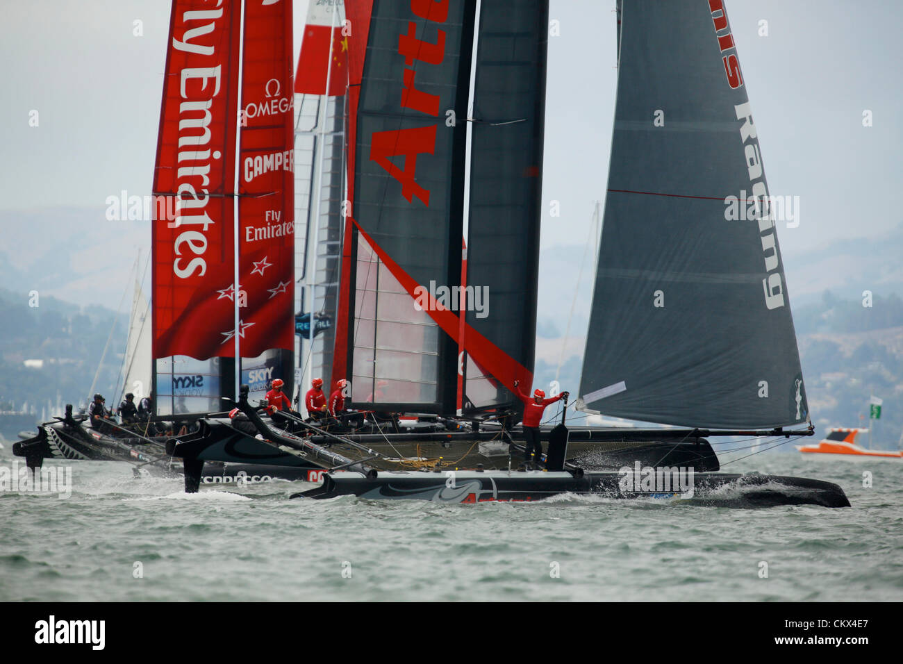 Aug. 25, 2012 - San Francisco, California, U.S - America's Cup World Series, San Francisco, CA August 25, 2012.  Action from the final Fleet Heat of the day.  ORACLE TEAM USA SPITHILL (Jimmy Spithill) wins the race  (Credit Image: © Dinno Kovic/ZUMAPRESS.com) Stock Photo