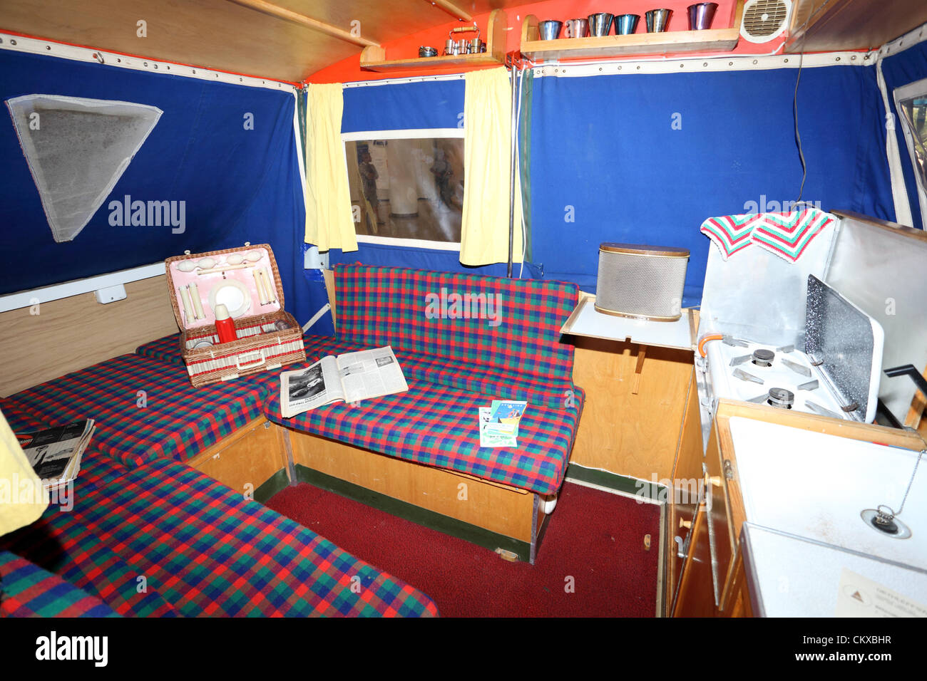 DUESSELDORF - AUGUST 27: Interior of the old Dethleffs Camper mobile home showed at the Caravan Salon Exhibition 2012 on August 27, 2012 in Düsseldorf, Germany. Stock Photo