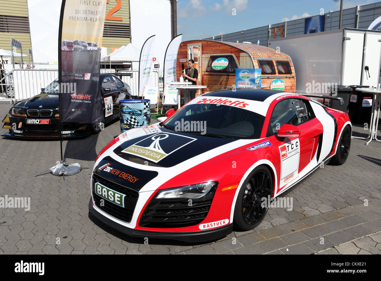 August 27, 2012 in Dusseldorf, Germany. Dethleffs sponsored Audi R8 race car at the Caravan Salon Exhibition 2012. Stock Photo