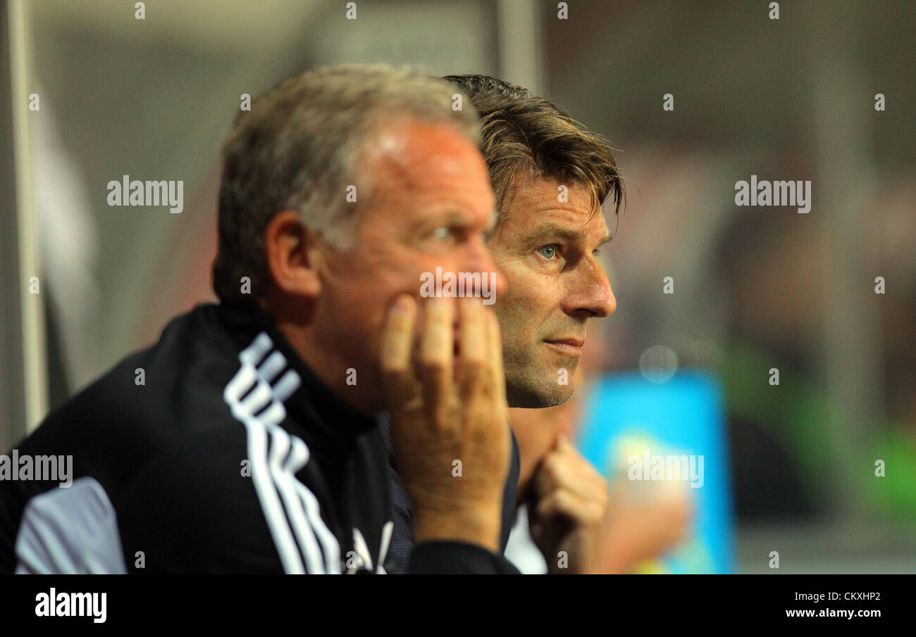 Pictured L-R: Alan Curtis with Swansea manager Michael Laudrup. Tuesday 28 August 2012  Re: Capital One Cup game, Swansea City FC v Barnsley at the Liberty Stadium, south Wales. Stock Photo