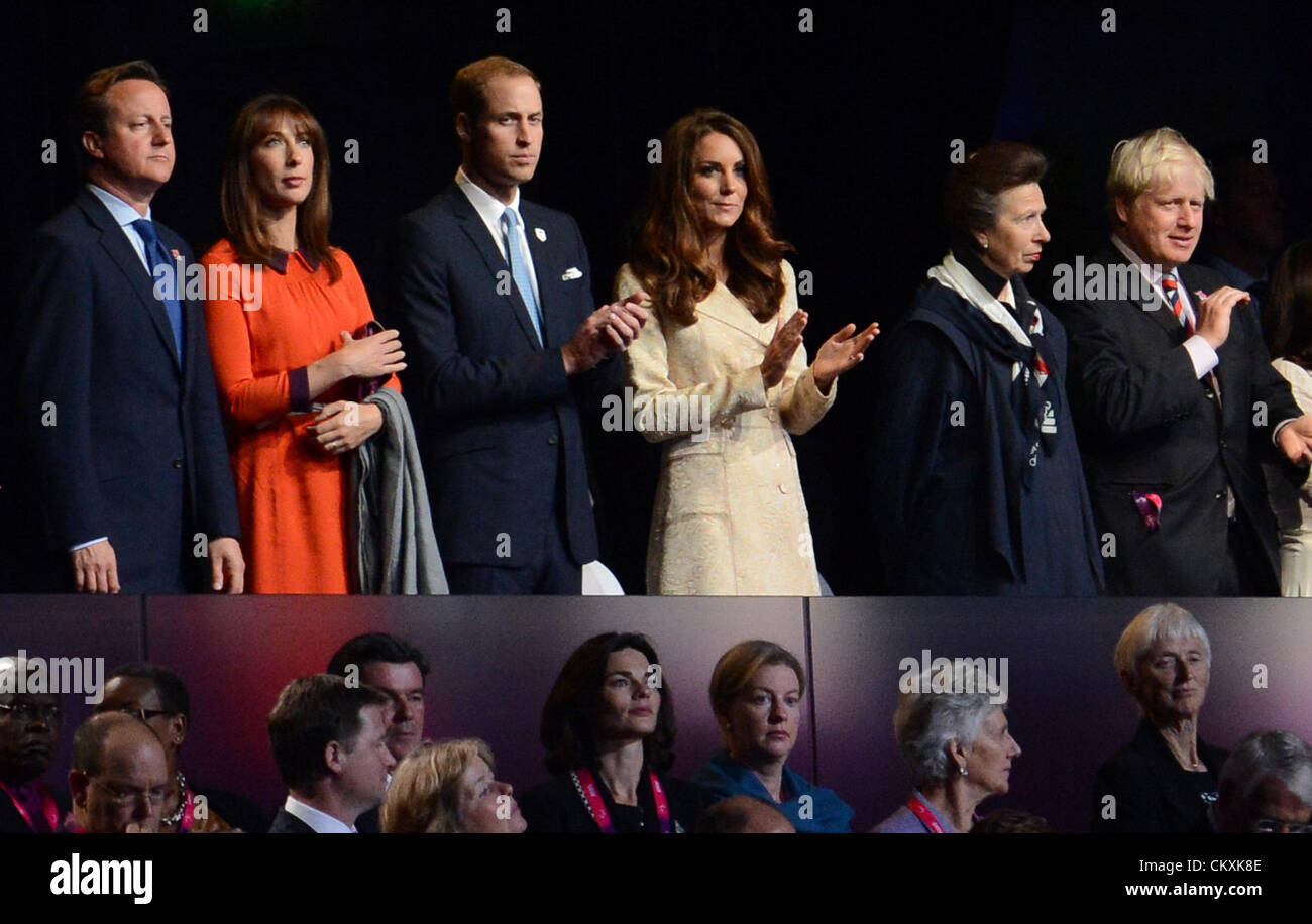 29.08.2012 Stratford, England.  British Prime Minister David Cameron and his wife Samantha Sheffield , Prince William, Duke of Cambridge his wife Catherine, Duchess of Cambridge,Princess Anne and London mayor Boris Johnson (from left) are seen during the Opening Ceremony of the London 2012 Paralympic Games at the Olympic stadium, London, Great Britain, 29 August 2012. Stock Photo