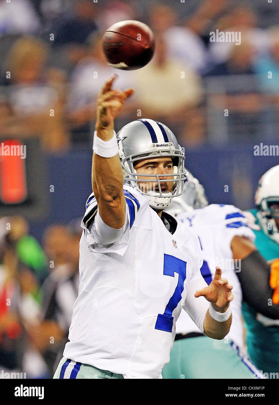 Arlington, Texas, USA. 29th Aug 2012. Dallas Cowboys quarterback Stephen  McGee (7) in action during the pre- season game between the Miami Dolphins  and the Dallas Cowboys at the Cowboys Stadium in