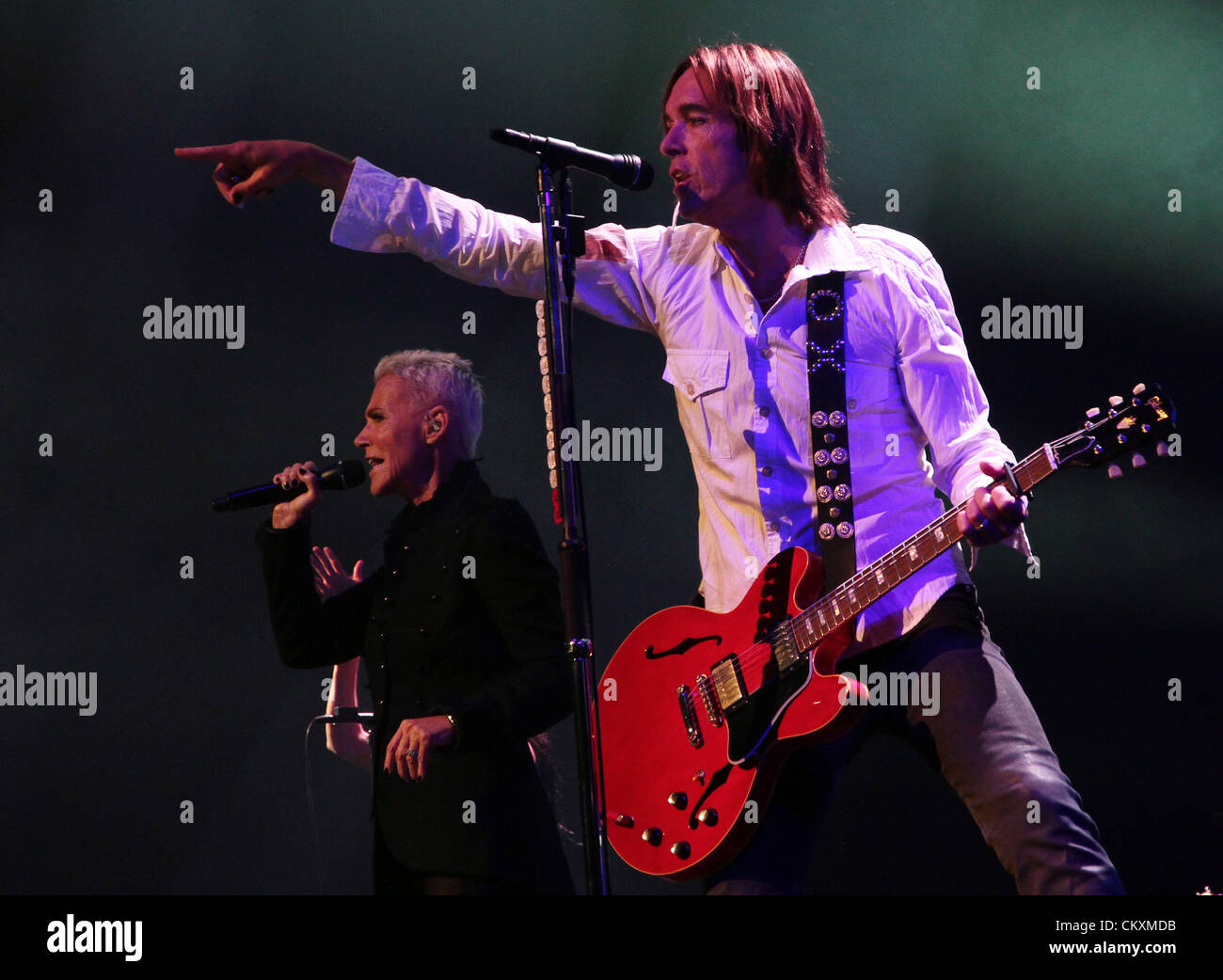 Ottawa, Ontario, Canada. 29th Aug 2012. Marie Fredriksson (L) and Per Gessle (R), of Roxette performs at Scotiabank Place on Wednesday, August 29, 2012. (Credit Image: © Kamal Sellehuddin/ZUMAPRESS.com) Stock Photo
