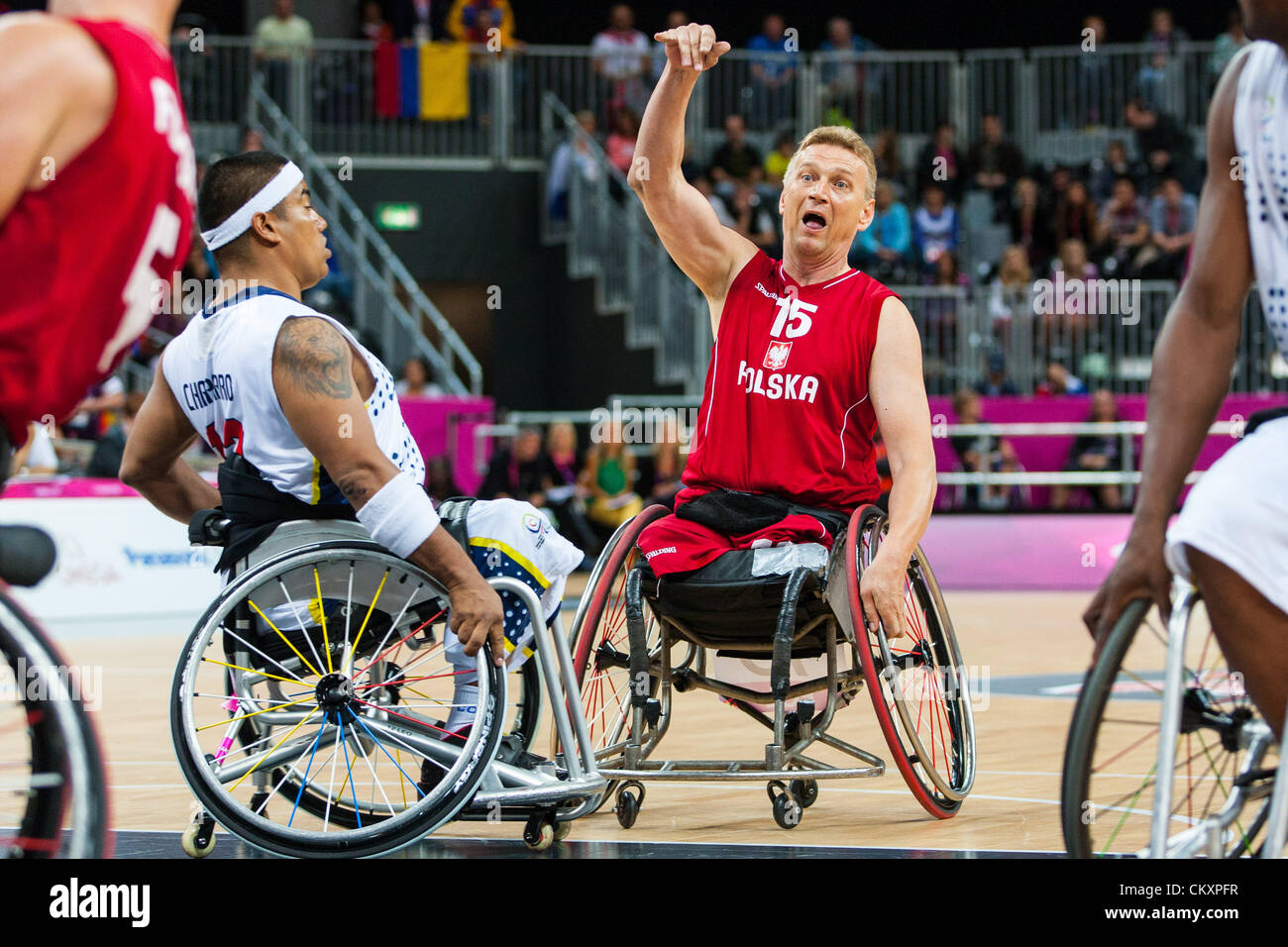 30.08.2012. Stratford England. Columbia (COL) vs Poland (POL)  J Cyrul in action during the Wheelchair Basketball on Day 1 of the 2012 London Paralympic Games at the Basketball Arena. Stock Photo