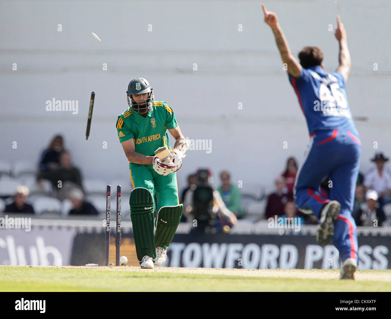 31-08-2012 London England Hashim Amla has his stumps flying bowled by Jade Derbach during the England v South Africa: 3rd Natwest ODI at The Kia Oval Cricket Ground Kennington London England. Stock Photo