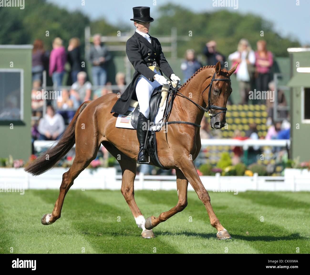 Burghley House Stamford, England. 31st Aug 2012. Sinead Halpin (USA) riding MANOIR DE CARNEVILLE scores [36.3] and moves into first place after the dressage phase on day two of The Land Rover Burghley Horse Trials. Credit:  Action Plus Sports Images / Alamy Live News Stock Photo