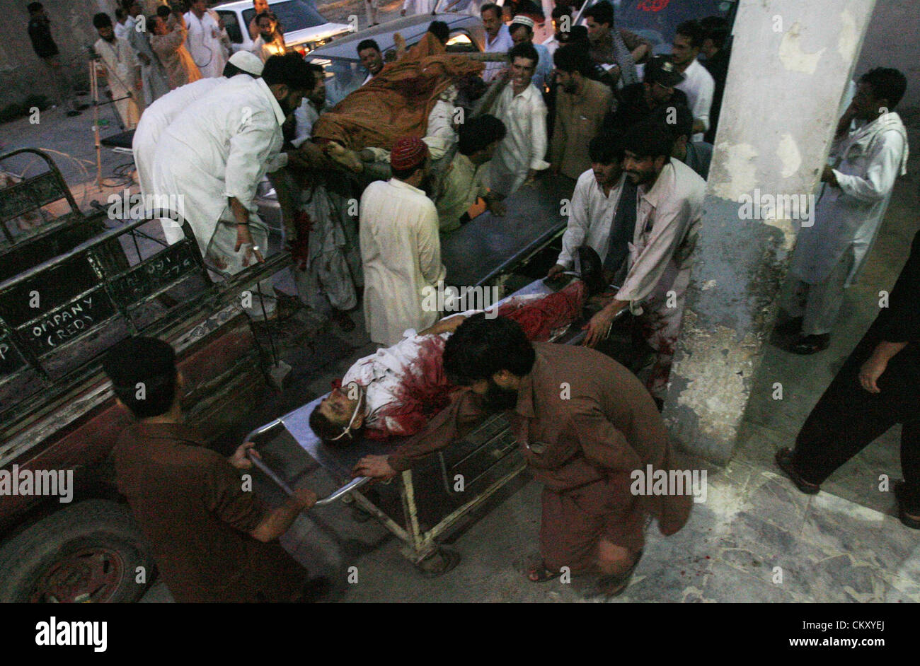 A bomb blast injures are being shifted to Lady Reading hospital. A blast occurred in Matni Market located in Peshawar, killing at least six people and injuring thirteen others on Friday, August 31, 2012. Stock Photo