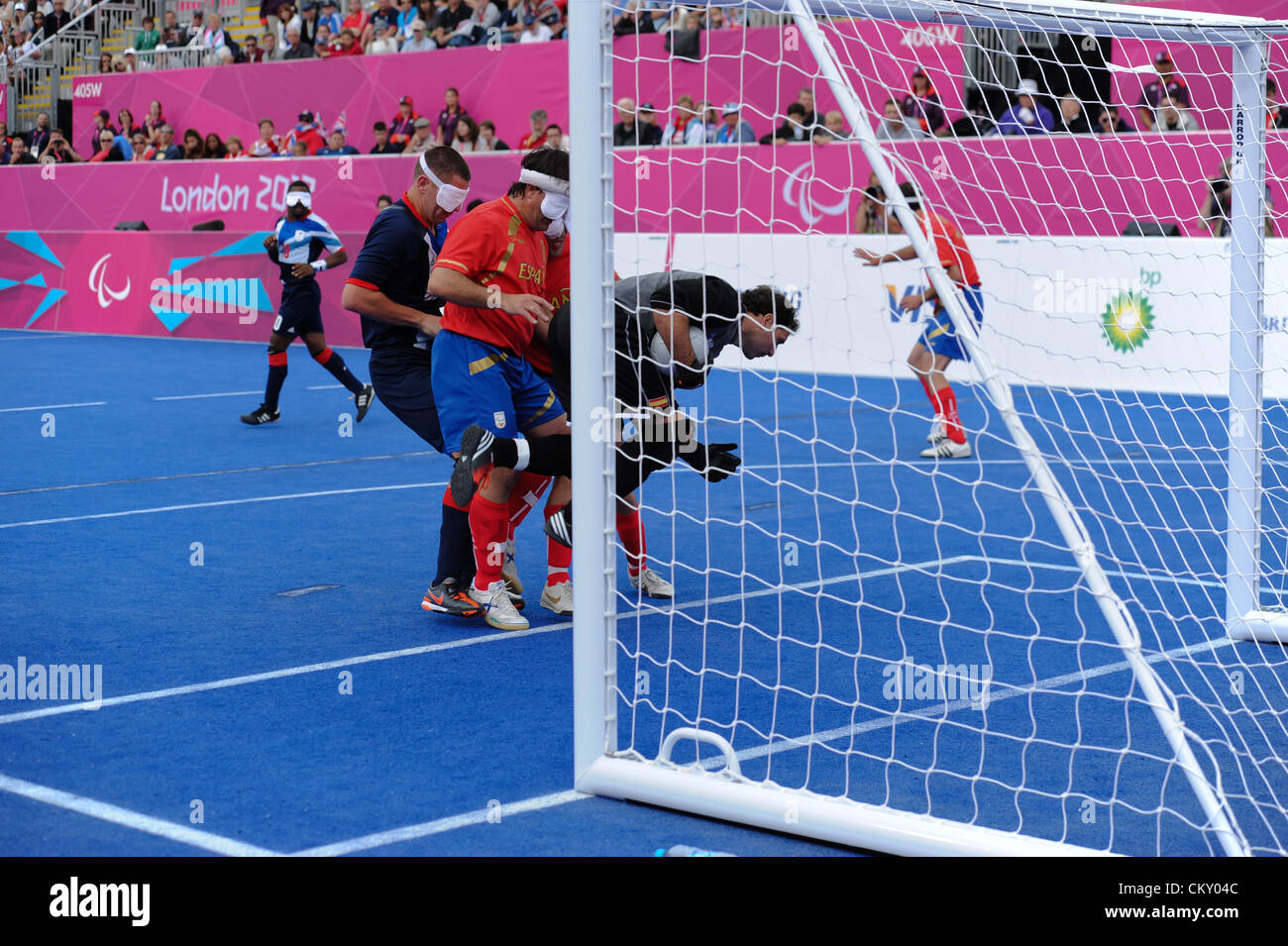 31.08.2012 London, England. Football 5-a-side. Great Britain vs Spain. Alvaro GONZALEZ ALCARAZ (ESP) in action during Day 2 of the Paralympic from the Riverbank Arena. Stock Photo
