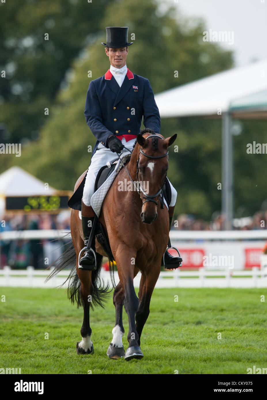 Olympic Silver Medal winner William Fox-Pitt and his horse Parklane Hawk after the dressage, Burghley Horse Trials - Burghley House, Stamford, UK, 31st August 2012. Stock Photo