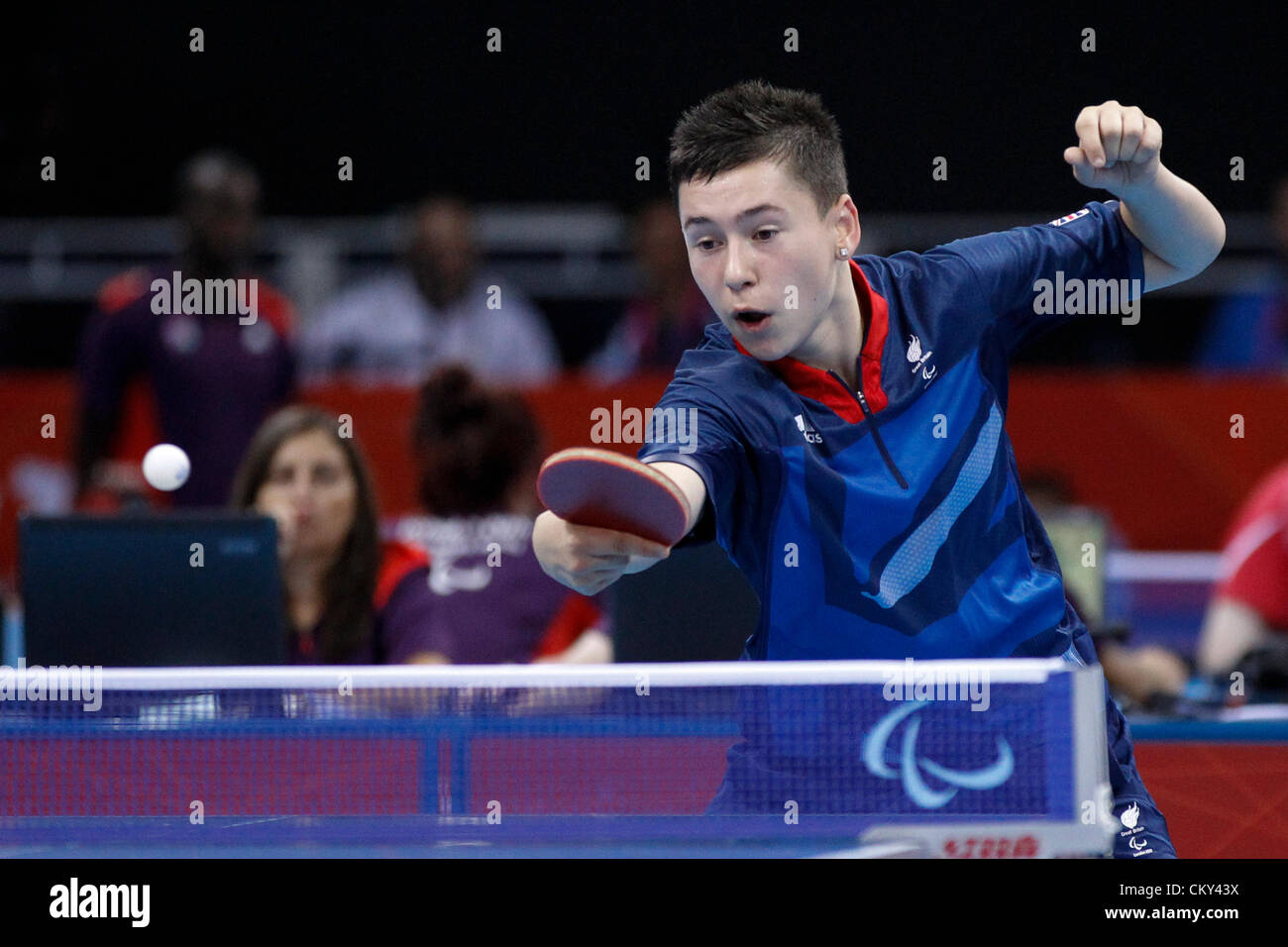 01.09.2012 London, England. Ross WILSON (GBR) in action during his quarter final victory over Marcin SKRZYNECKI (POL) in the men's singles class 8 on Day 3 of the men's table tennis from ExCel. Stock Photo