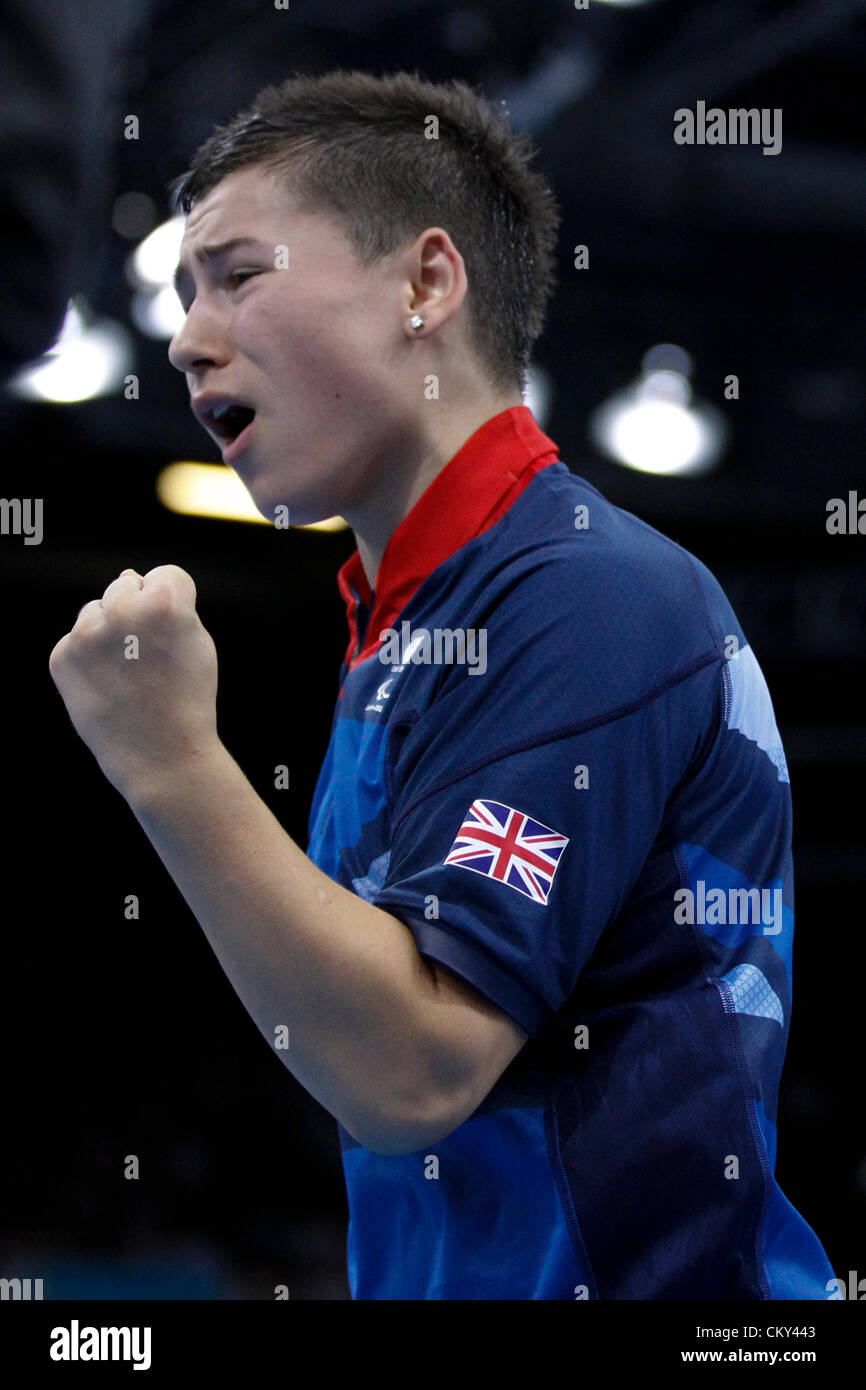 London, UK. Saturday 1st September 2012.   Ross WILSON (GBR) celebrates after his quarter final victory over Marcin SKRZYNECKI (POL) in the men's singles class 8 on Day 3 of the men's table tennis from ExCel. Stock Photo