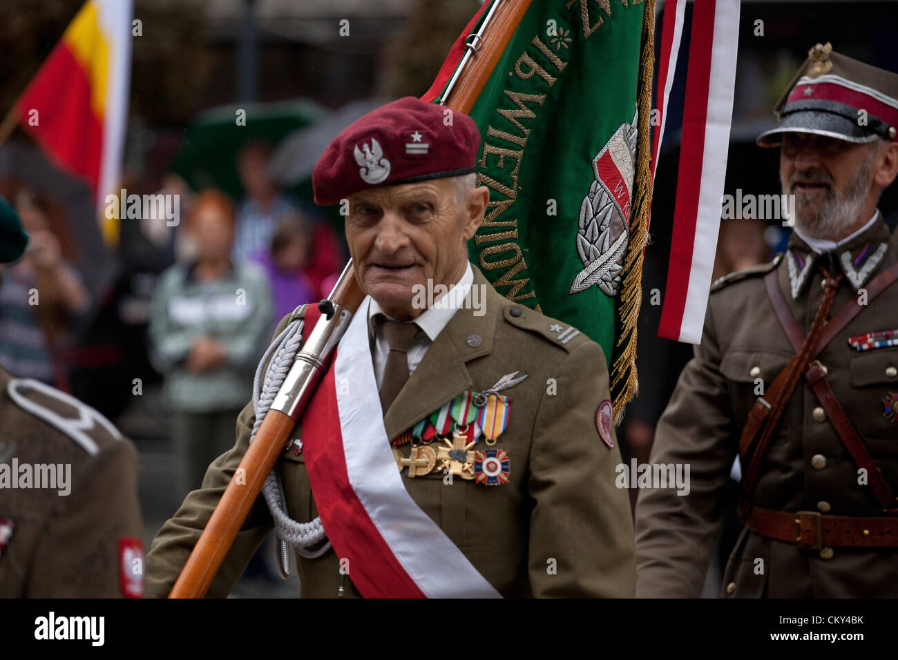 September 01, 2012. Cracow, Poland - Veterans during 73rd anniversary of the beginning of World War II. The start of the war is generally held to be 1 September 1939, beginning with the German invasion of Poland. Britain and France declared war on Germany two days later. Stock Photo