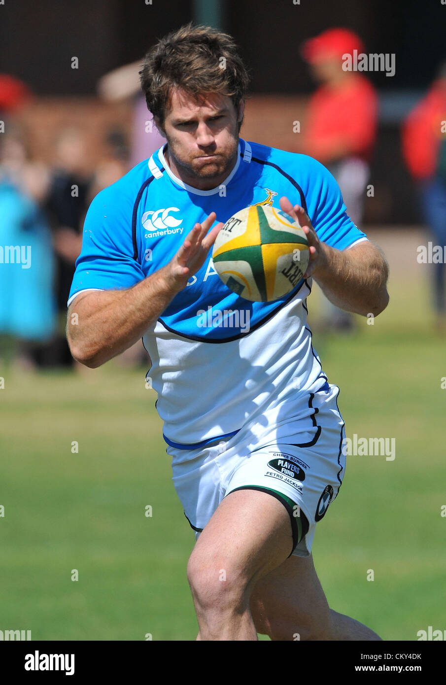 JOHANNESBURG, SOUTH AFRICA - SEPTEMBER 01, Craig Burden receives the pass during the South African national rugby team field session and media conference at KES on September 01, 2012 in Johannesburg, South Africa Photo by Duif du Toit / Gallo Images Stock Photo