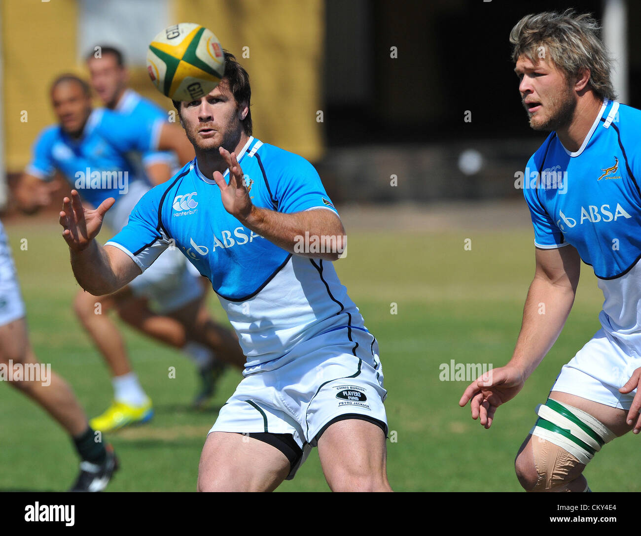 JOHANNESBURG, SOUTH AFRICA - SEPTEMBER 01, Craig Burden and Duane Vermeulen during the South African national rugby team field session and media conference at KES on September 01, 2012 in Johannesburg, South Africa Photo by Duif du Toit / Gallo Images Stock Photo