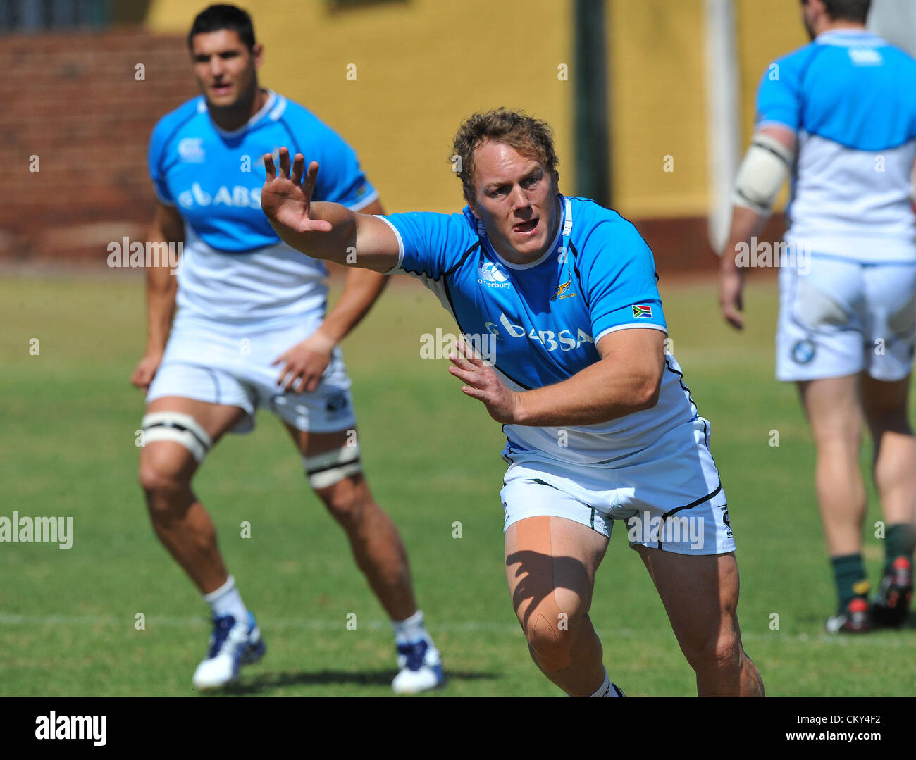 JOHANNESBURG, SOUTH AFRICA - SEPTEMBER 01, Patrick Cilliers waits for the ball during the South African national rugby team field session and media conference at KES on September 01, 2012 in Johannesburg, South Africa Photo by Duif du Toit / Gallo Images Stock Photo