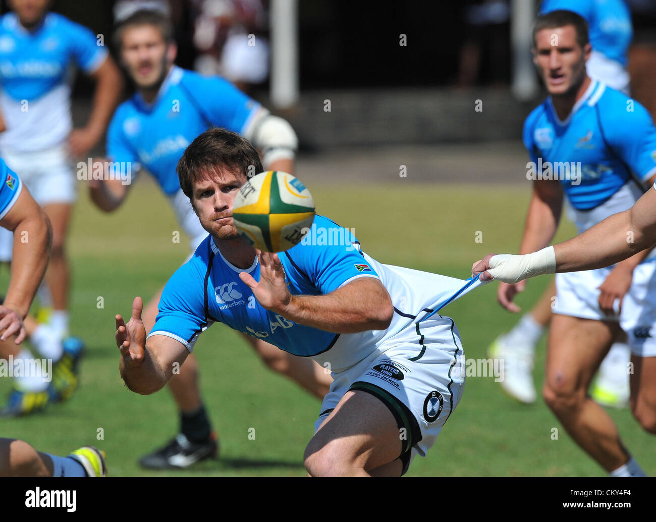 JOHANNESBURG, SOUTH AFRICA - SEPTEMBER 01, Craig Burden receives the ball during the South African national rugby team field session and media conference at KES on September 01, 2012 in Johannesburg, South Africa Photo by Duif du Toit / Gallo Images Stock Photo