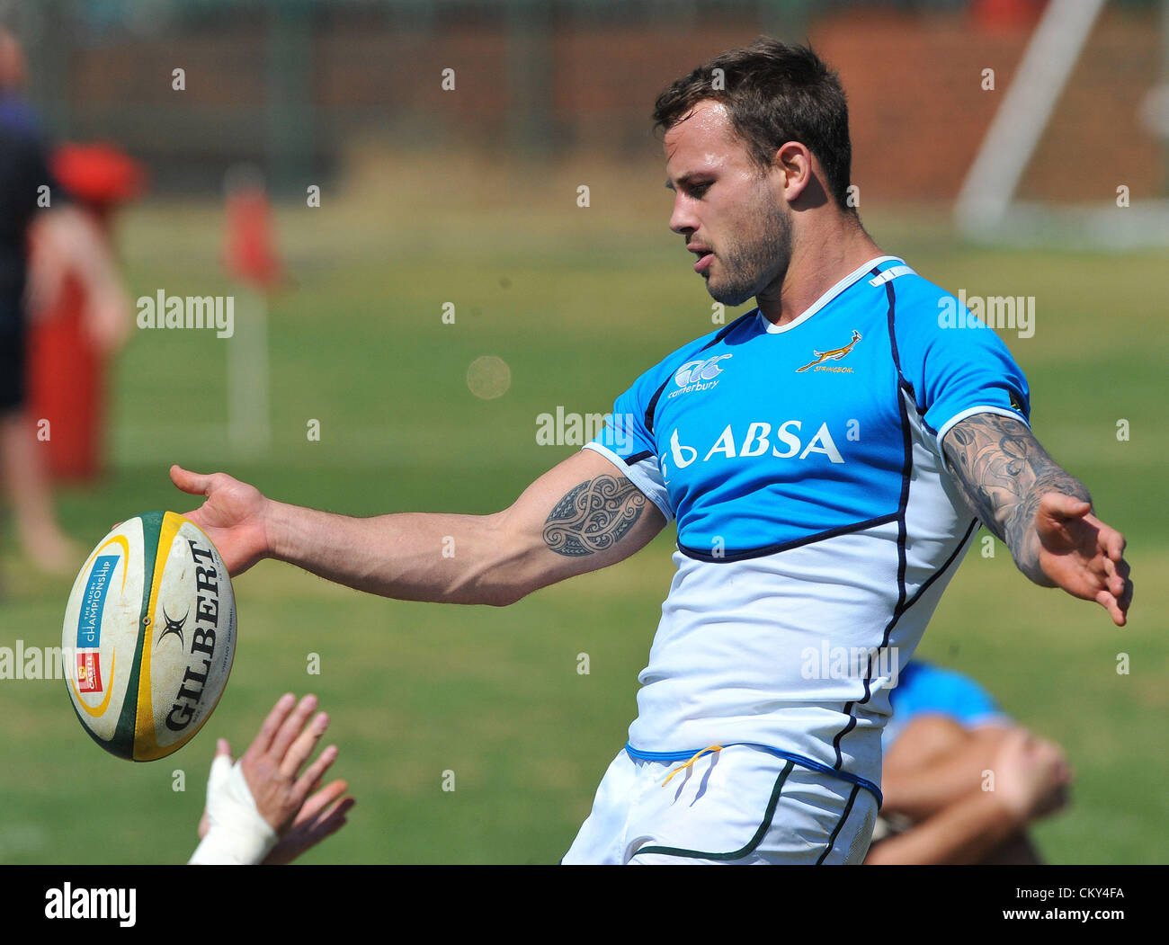 JOHANNESBURG, SOUTH AFRICA - SEPTEMBER 01, Francois Hougaard with a box-kick during the South African national rugby team field session and media conference at KES on September 01, 2012 in Johannesburg, South Africa Photo by Duif du Toit / Gallo Images Stock Photo