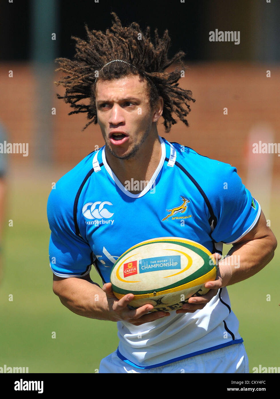 JOHANNESBURG, SOUTH AFRICA - SEPTEMBER 01, Zane Kirchner with ball in hand during the South African national rugby team field session and media conference at KES on September 01, 2012 in Johannesburg, South Africa Photo by Duif du Toit / Gallo Images Stock Photo