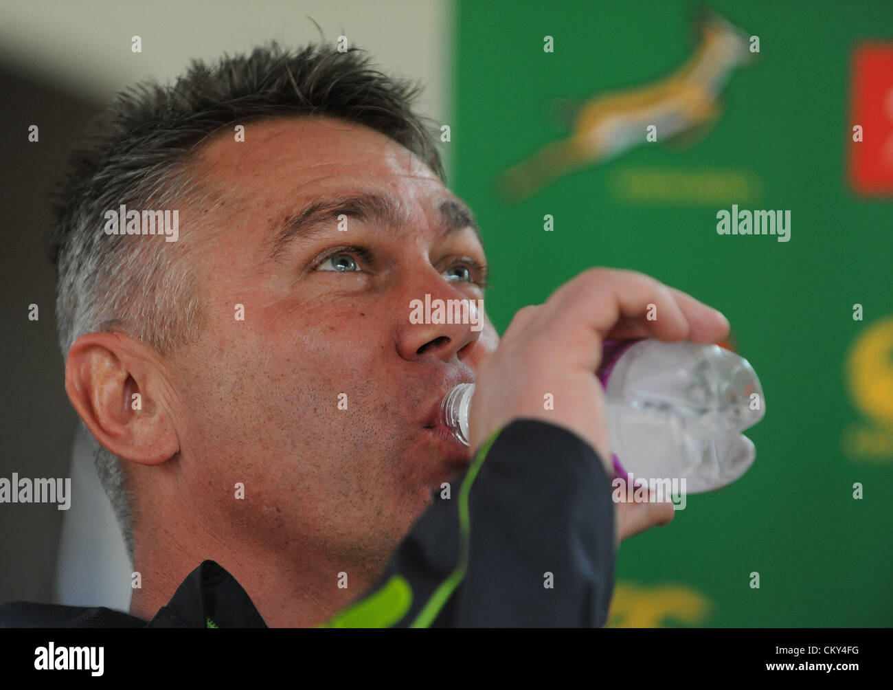 JOHANNESBURG, SOUTH AFRICA - SEPTEMBER 01, Heyneke Meyer being interviewed during the South African national rugby team field session and media conference at KES on September 01, 2012 in Johannesburg, South Africa Photo by Duif du Toit / Gallo Images Stock Photo