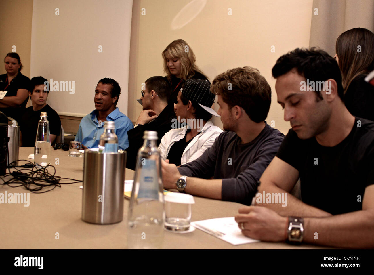 BOLOGNA, ITALY - SEP 01: [LtoR] Kyle Dayton - Dorian Gregory - Alex (Alejandro) Meraz - Bronson Pelletier - Allan Hyde - Guri Weinberg group portrait at the Night ItaCon Festival 2012 in Bologna, Italy on Sep 01, 2012. Stock Photo