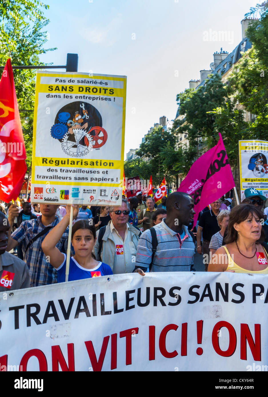 Paris, France, Collective Immigrants Without Documents, illegal aliens , Marching Sans Papiers, in Public Demonstration, protesters multiracial human rights, undocumented people, illegal migrants Stock Photo