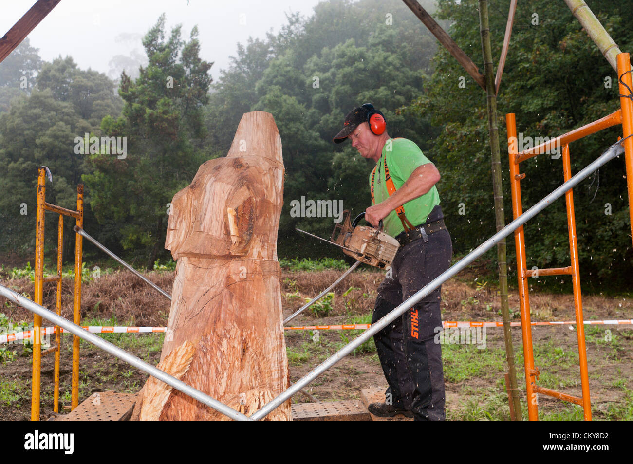 Emmanuel Courtot sponsored by STIHL etc doing wood carving from 27 August to 2 September 2012 Stock Photo